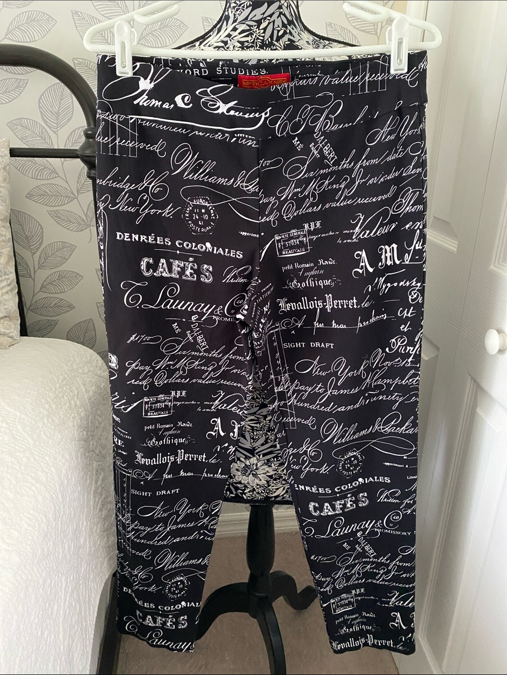 Krazy Larry pull on pants in black and white graphic script print